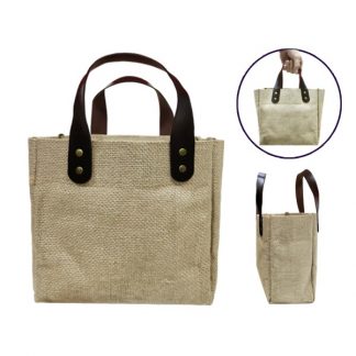 BG0861 Jute Tote Bag with PU Leather Handles